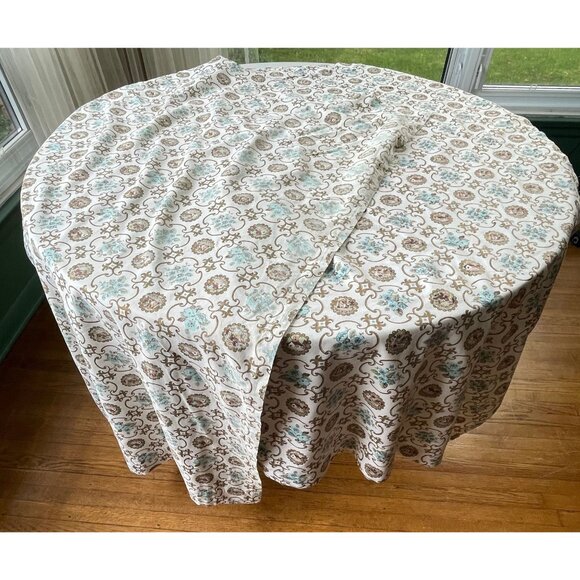 Vintage 60s curtain, pleated or rod pocket, gold teal medallion floral panels - Picture 4 of 6